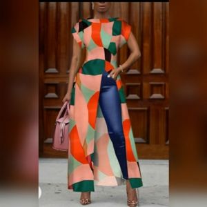 Colorblock Geo Print Slit Irregular Blouse